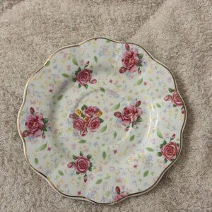 Dainty Rose Saucer – Pink Florals + Gold Rim, Scalloped Edge